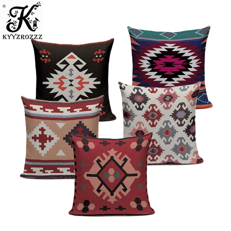 

High-end digital print blue red Turkish ethnic kilim diamond pattern pillow case cushion cover for sofa home decoration throw