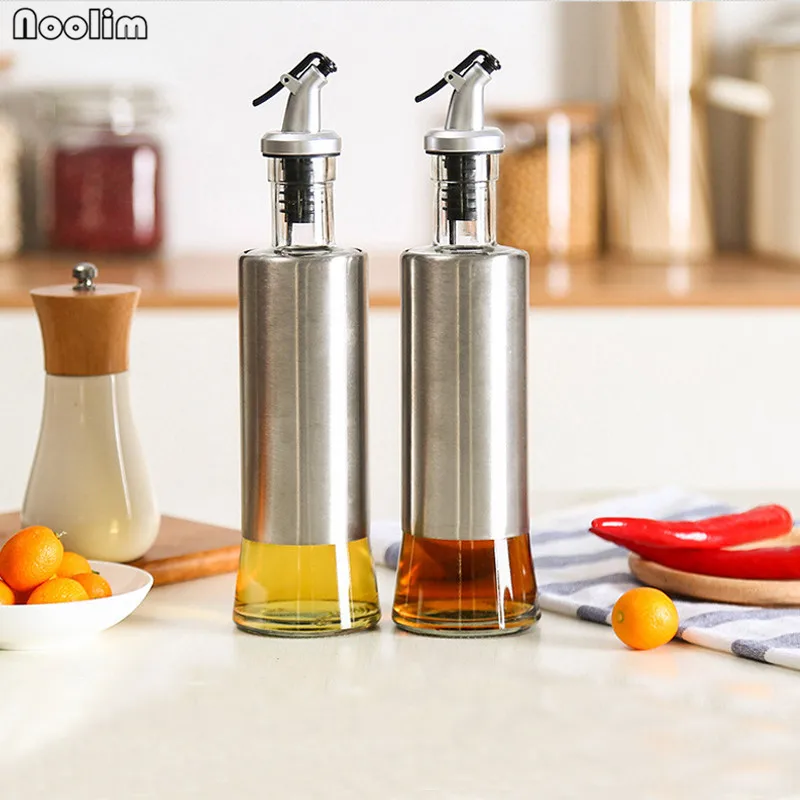 NOOLIM 1pc 350ML Kitchen Glass Oil Bottle Stainless Steel Leak proof