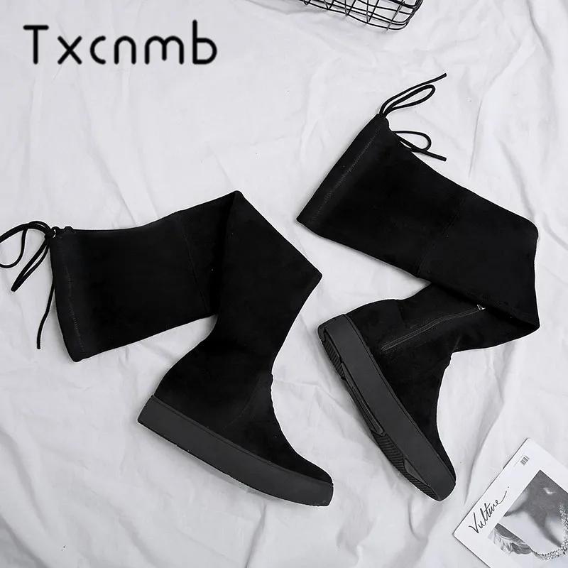 

TXCNMB New Platform Over The Knee High Boots Woman Rouned Toe Flat with Black Ladies Western Boots Party Shoes Woman