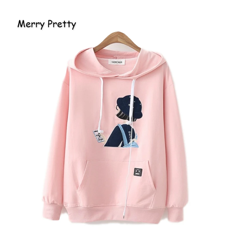 

Merry Pretty Women Character Embroidery Pockets Hooded Sweatshirts 2019 Autumn Winter Long Sleeve Drawstring Sweet Hoodies