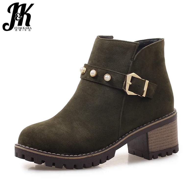 

JK Flock Ankle Women Boots Round Toe Rubber Pearl Footwear Zip High Heeled Female Platform Boots Autumn Women Shoes 2018 New