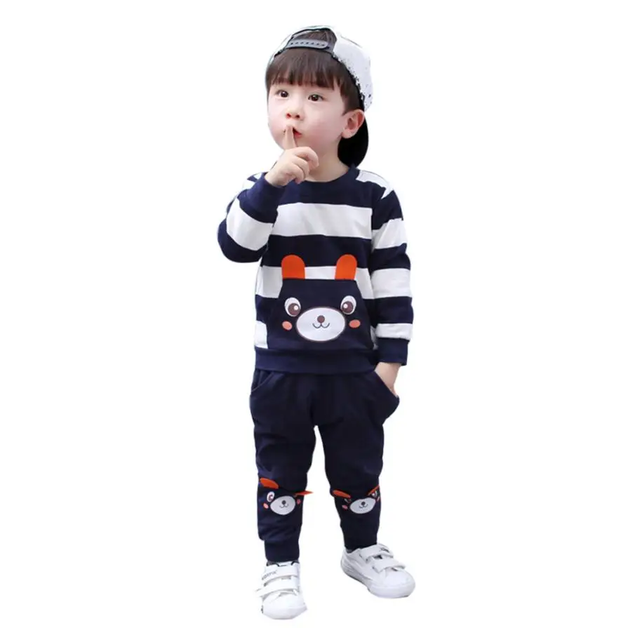 Одежда Мода 2017 г. осень-зима детские для маленьких девочек комплект одежды для мальчиков полосатый медведь комплект из топа и штанов D50