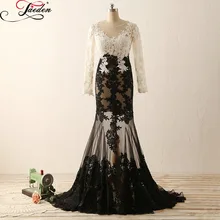 Jaeden elegante blanco y negro de baile vestidos de cuentas de encaje de manga larga Sexy Opacidad Real Photo 2017 V Cuello de La Sirena Vestidos Formales