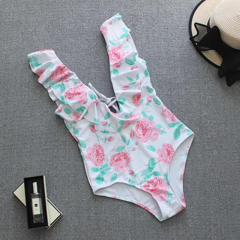 Whole Swimsuits Floral Bathing Suit One Piece Sexy Deep V Swimsuit Girls Ruffle Swimwear Woman Bodysuit  Monokini Push Up (9)