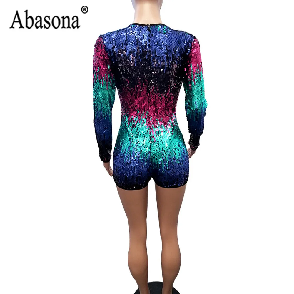 Abasona Sexy Women Deep V Neck Color Sequin Playsuit Long Sleeve Short Rompers Womens Jumpsuit Nightclub Bodycon Romper Female 