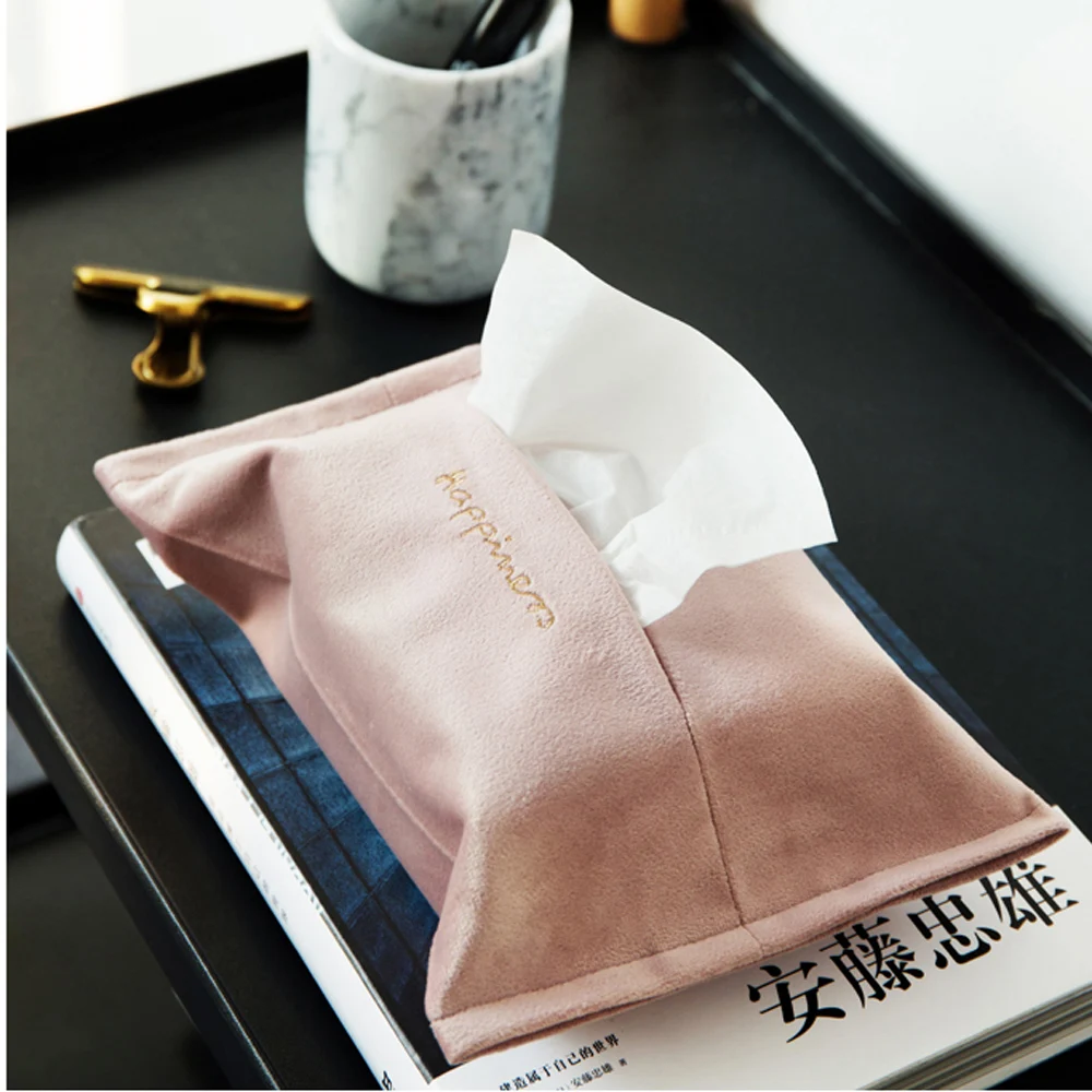 

Vintage Embroidery Letter Paper Towel Storage Tote Box Scandinavian Soft Velvet Fabric Tissue Bag Chic Home Organizer Pouch