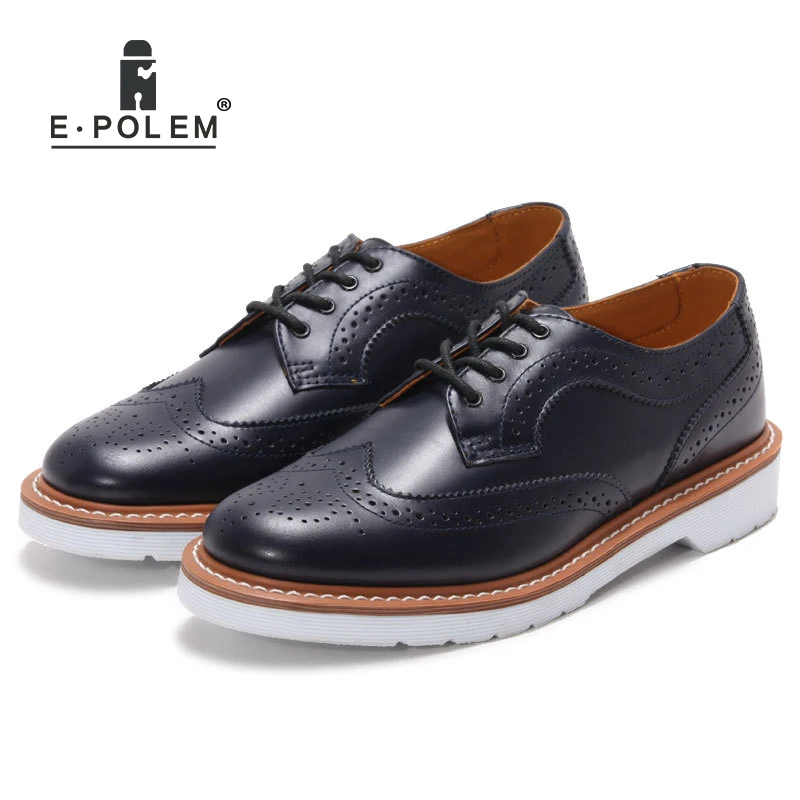 

Vintage Dark Navy Blue Men's Dress Leather Shoes Retro White Sole Low Upper Shoes Carved Genuine Cow Leather Brogue Shoes
