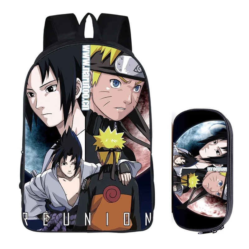 

Japanese Anime Naruto 2PC Set with Pencil Case Student Backpacks DIY Printing Cool School Children Bags For Boys Kids Men Book