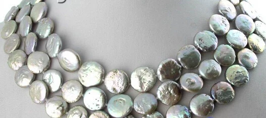 

hot sell- huij 0033116 3row 14mm coin gray freshwater pearl necklace shell clasp -Top quality free shipping