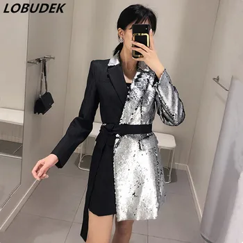 

2020 Fashion Silver Black Sequins Patchwork Dress Women Singer Stage Outfit Nightclub Clothes Birthday Party Fashion Short Dress