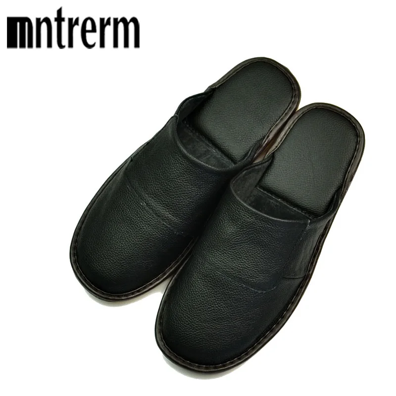 baratas Mntrerm Primavera Deslizamento Em Homens Chinelos 100% Couro de Vaca Genuína Sapatos de Couro Macio E Confortável empurrar tamanho grande sapato houseware