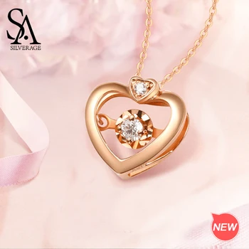 SA SILVERAGE 18K Rose Gold Heart Pendant Necklaces for Woman Diamond Pendant Chain Link Necklaces Real Gold Jewelry 1