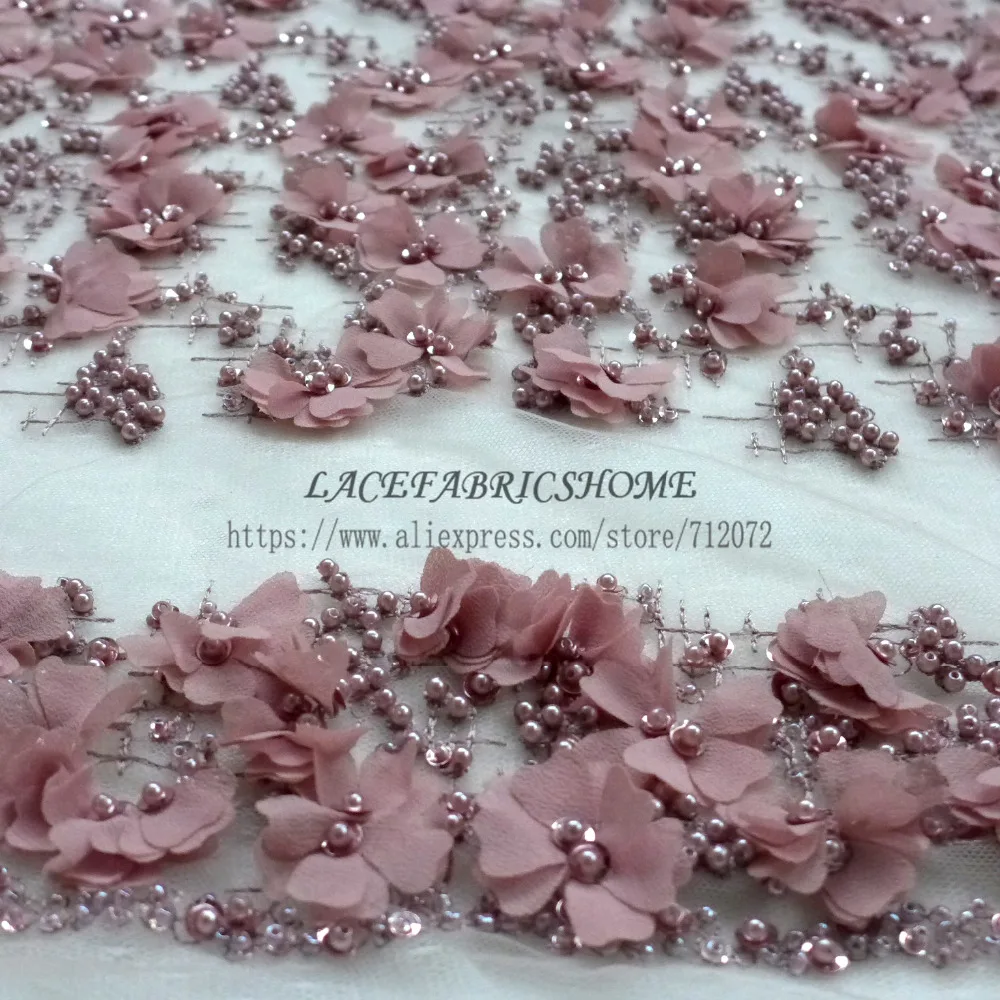 1 ярд темно розовый супер hevey ручной работы жемчуг 3D Цветы свадебное/вечернее платье кружевной ткани 51 ''ширина