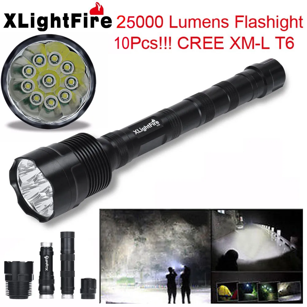 XLightFire 25000 люмен 10x CREE XML T6 5 Режим 18650 супер яркий светодиодный фонарик черный 18650 аккумулятор 5 режимов задний переключатель