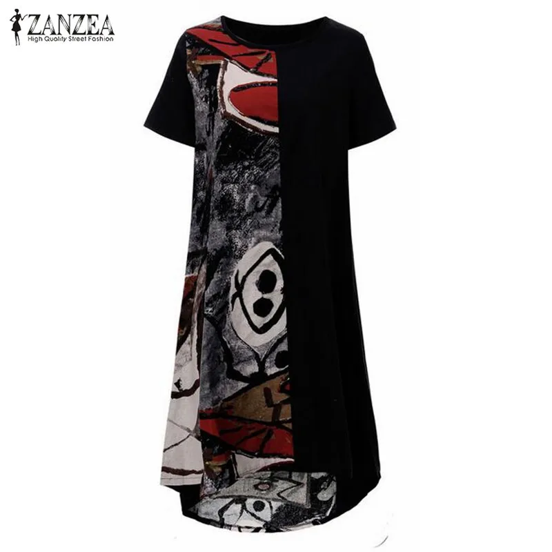 Женское платье ZANZEA, лето, винтажное платье с принтом, повседневное, свободное, с круглым вырезом, с коротким рукавом, с неровным подолом, Vestidos размера плюс