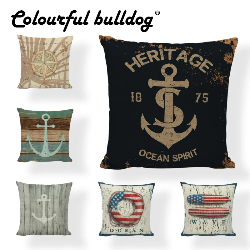 Retro Shabby Marine Series Anchor Toss Cushion Cover Sugar Skull Seafood Menu Nautical Home Sofa Decor Throw Pillowcase | Дом и сад