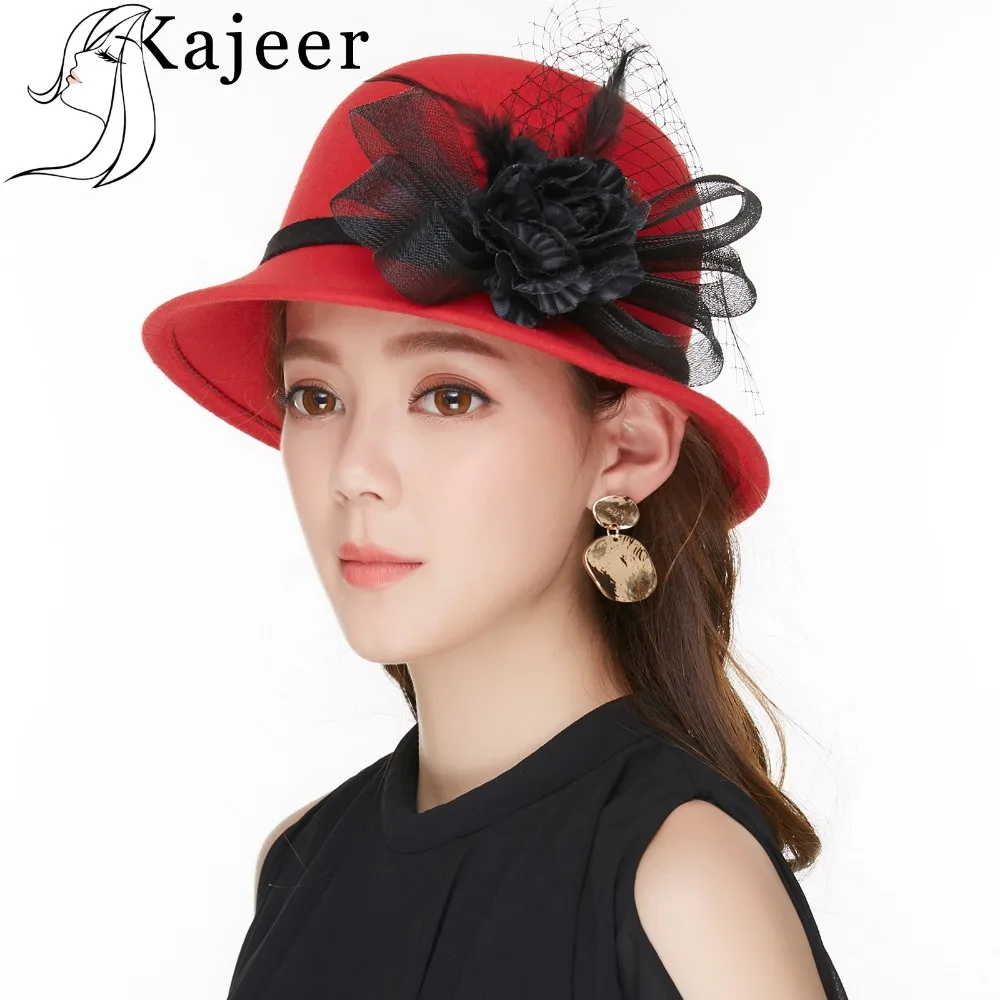 Kajeer винтажные красные шерстяные фетровые шляпы Женская классическая черная сетчатая пряжа перо цветок котелок шляпа трендовая Шляпа Fedora для леди