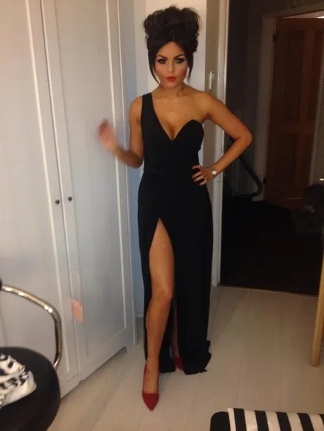 

Elegant One Shoulder Black Prom Dresses Slit 2015 vestido para madrinha de casamento longo Open Back Chiffon Long Evening Gowns