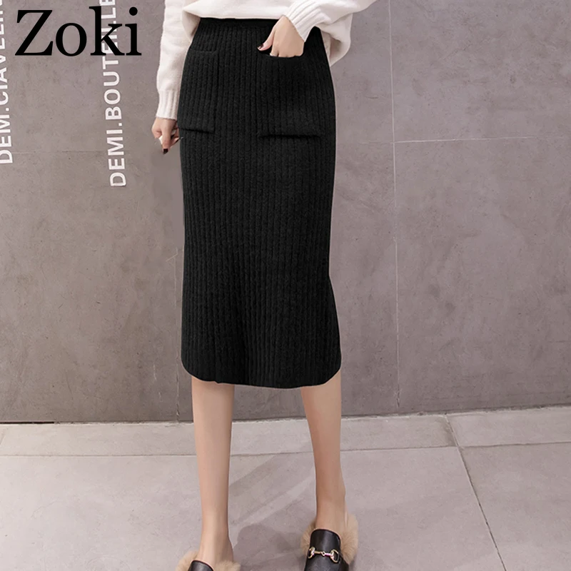 Zoki/винтажная Женская трикотажная длинная юбка Осенняя эластичная высокая талия, тонкий карандаш, Женская Повседневная зимняя Однотонная юбка до середины икры Harajuku