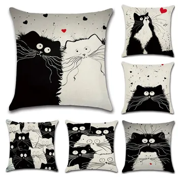 

Cartoon white black cats for children gift Beige cushion cover Throw Home Decorative Pillows case sofa chair seat car room Decor