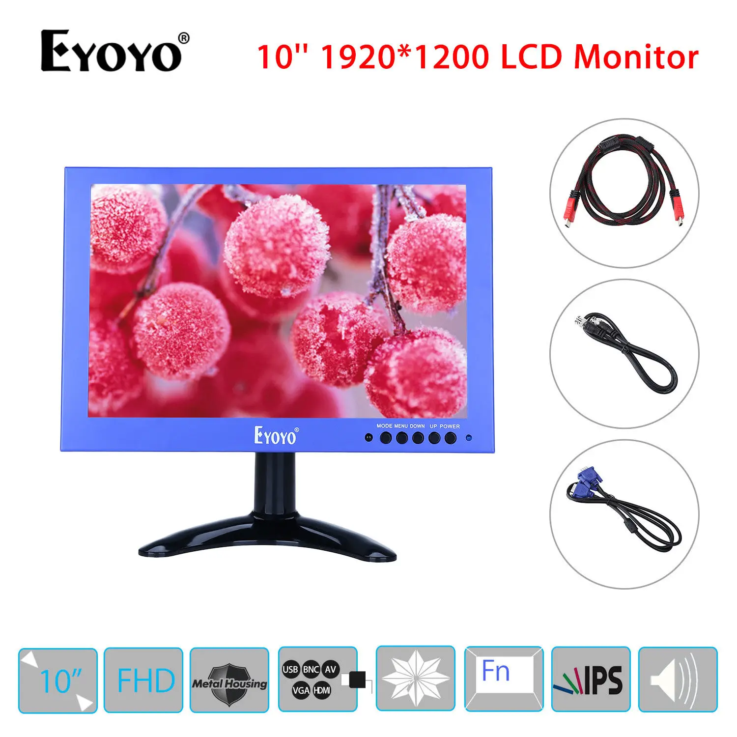 

EYOYO 10'' IPS Display 1920x1200 VGA BNC USB Video Audio HDMI FHD Monitor w/ Speaker Blue Mini for CCTV DVD PC Laptop
