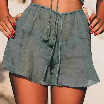 

Women Bikini Bottom Cover Up Shorts 2019 Summer See Through Hotpants Ladies Casual Holiday Beachwear Drawstring High Waist Short