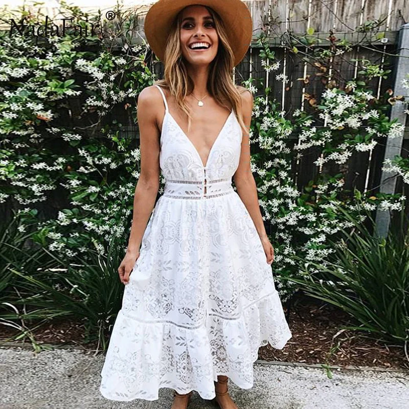 

FSDA Bohemian V Neck Floral Print Spaghetti Strap Long Dress Women 2018 Summer White Lace Dress
