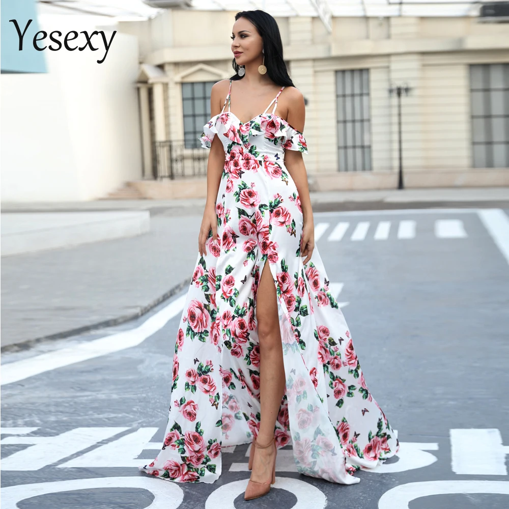 Yesexy, сексуальное платье с v-образным вырезом и цветочным принтом, с открытыми плечами, с открытой спиной, с коротким рукавом, элегантное платье из двух частей, VR18423
