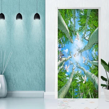 

Green Forest Birds Blue Sky Door Mural Wallpaper Living Room Bedroom Door Sticker Background Wall Decorative Wall Paper Roll