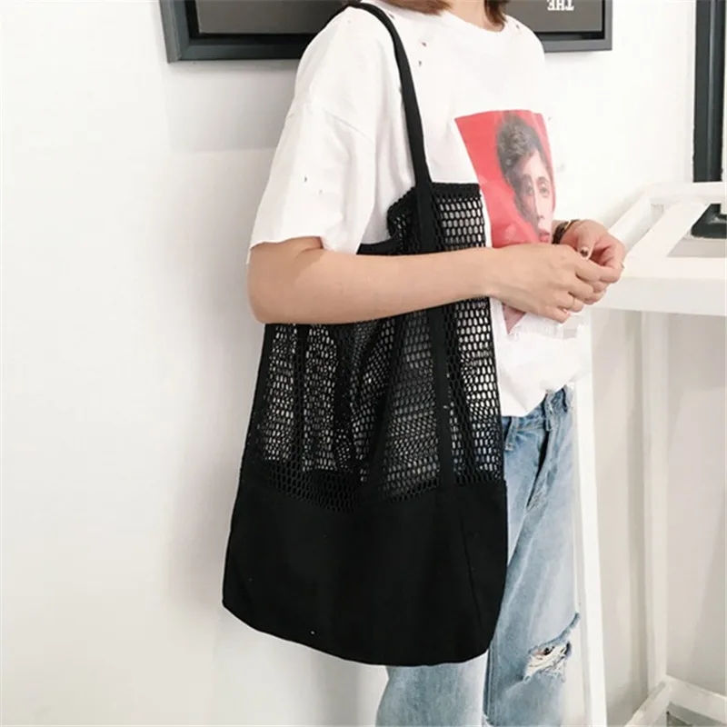 

1Pcs Canvas Beach Bags Shoulder Large Capacity Shopping Bag Breathable Hand-held Mesh Hollow Bags High Quality Reusable Bag