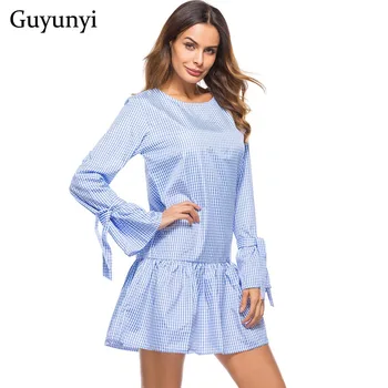 

GUYUNYI Women Pleated Plaid Dress Summer Elegant Checkered Flare Sleeve Loose Casual Sweet Dresses vestidos CX756