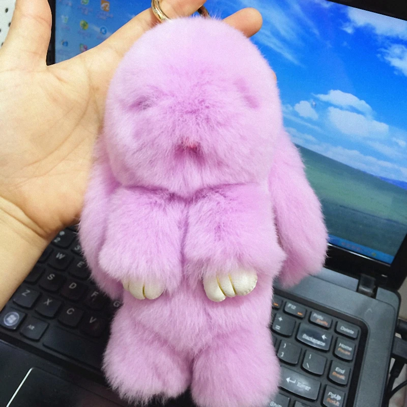 

18cm Rex rabbit Furs Keychain Pendant Bag Car Charm Cute Mini Rabbit Toy Doll Real Fur Keychains Women Bag KeychainK015-lavender