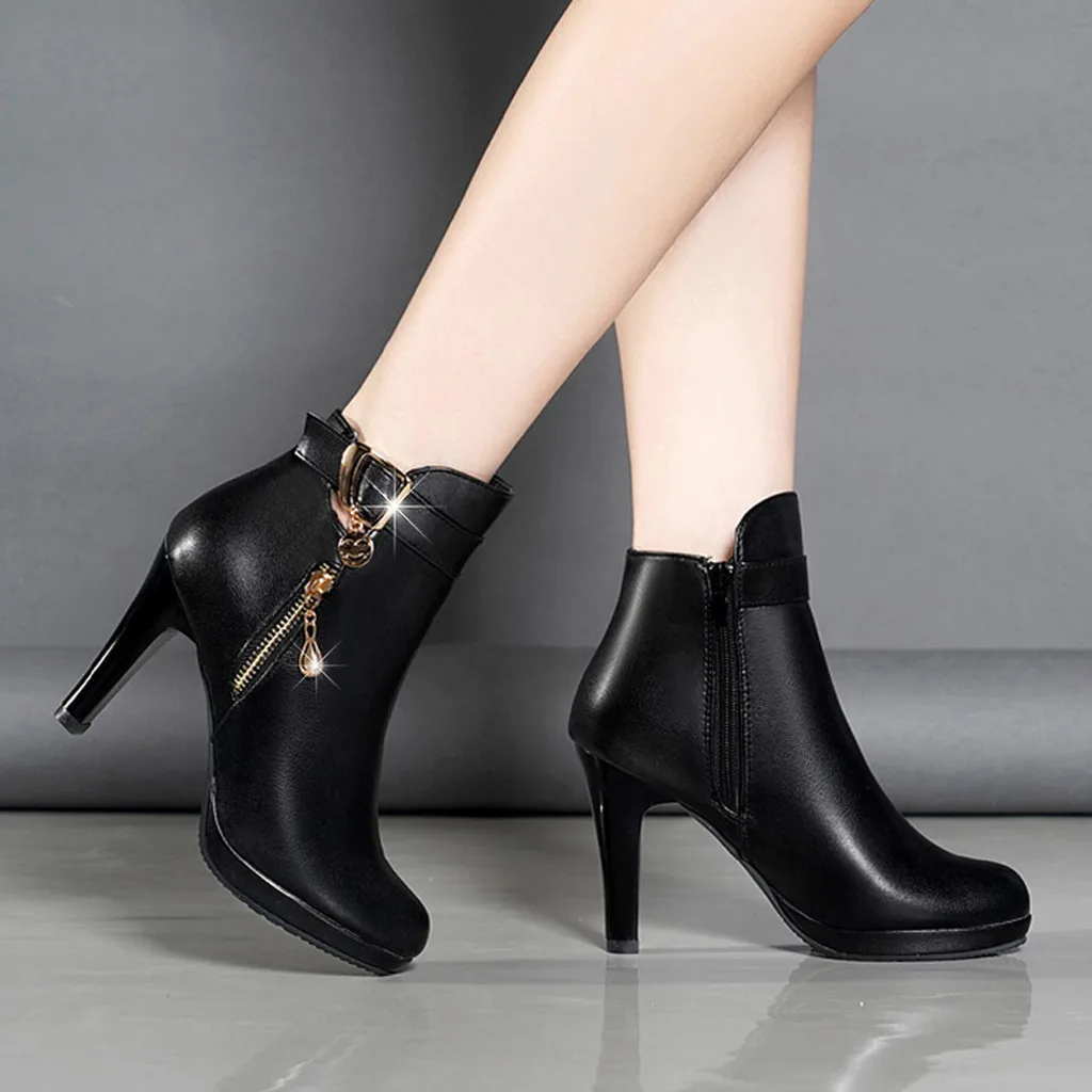 

Women Short Boots Crystal Lady Winter Leather Boot 2019 Fashion High Heel Stiletto Heels Black Ankle Shoes Warm Fur Party Botas