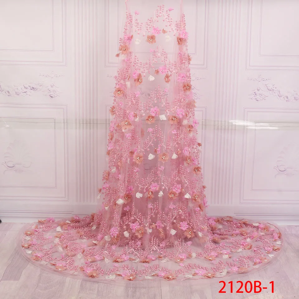 

2018 Beautiful Handmade Beaded Tulle Lace Fabric Hot Sale Nigerian 3d Flowers Mesh Tulle Lace Fabric Women Party Dress XZ2020B-1