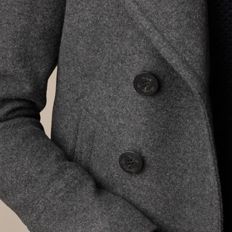 Мужское смешивание шерсти, верхняя одежда, отложной воротник, длинный рукав, двубортный, короткий дизайн, темно-синее шерстяное пальто, однотонное, шерстяное пальто для мужчин