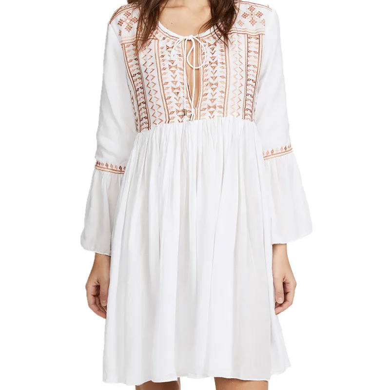 Платье туника с длинным рукавом Boho белое хлопковое платье оборками и