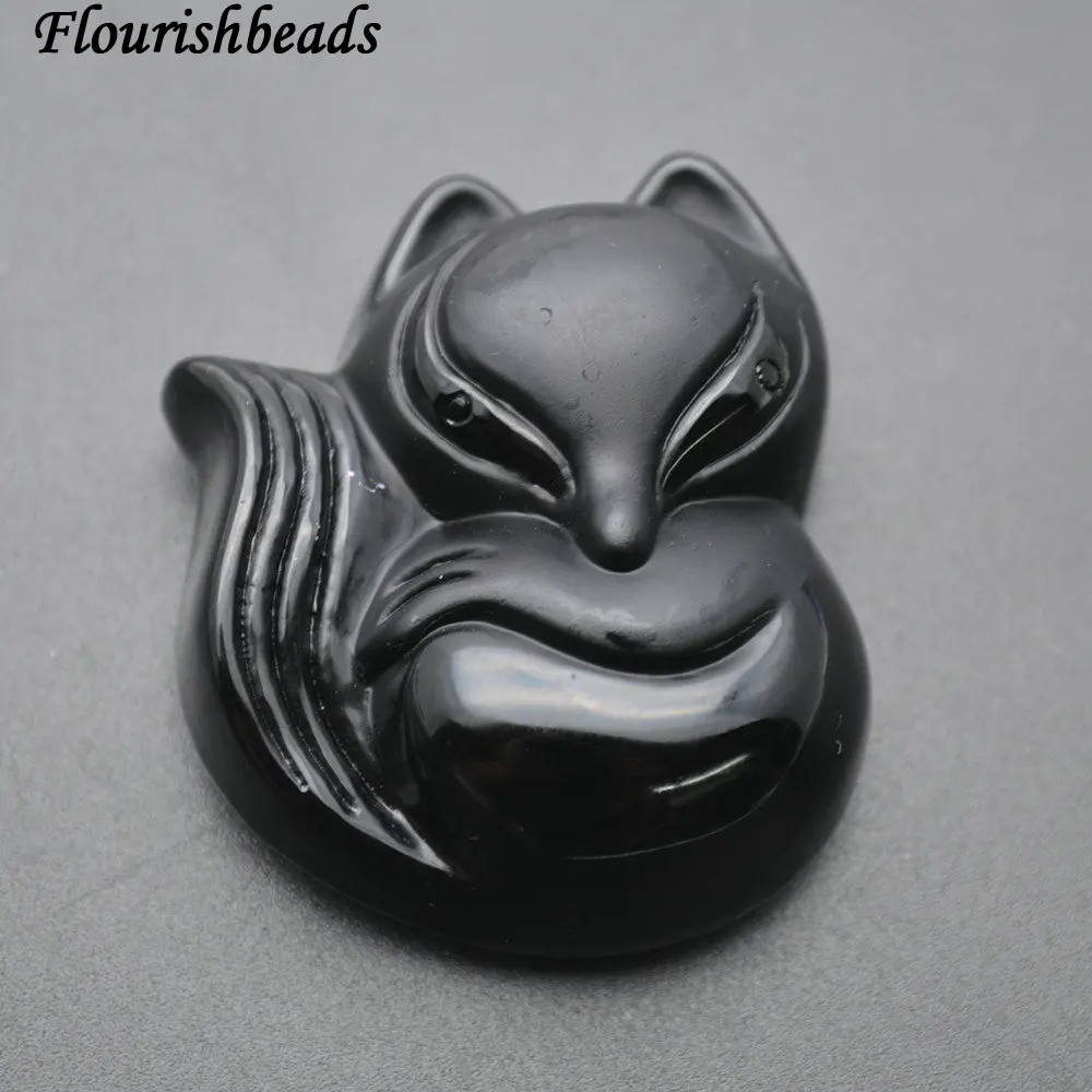 3pc Natural Black Obsidian Carved Stone 35x40mm Fox Animal Pendant Fit
