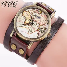 CCQ 2016 Moda Vintage Mapa Del Mundo Reloj de Las Mujeres Del Cuero Genuino Pulsera de Reloj de Pulsera de Cuarzo Ocasional Reloj Relogio Feminino C81