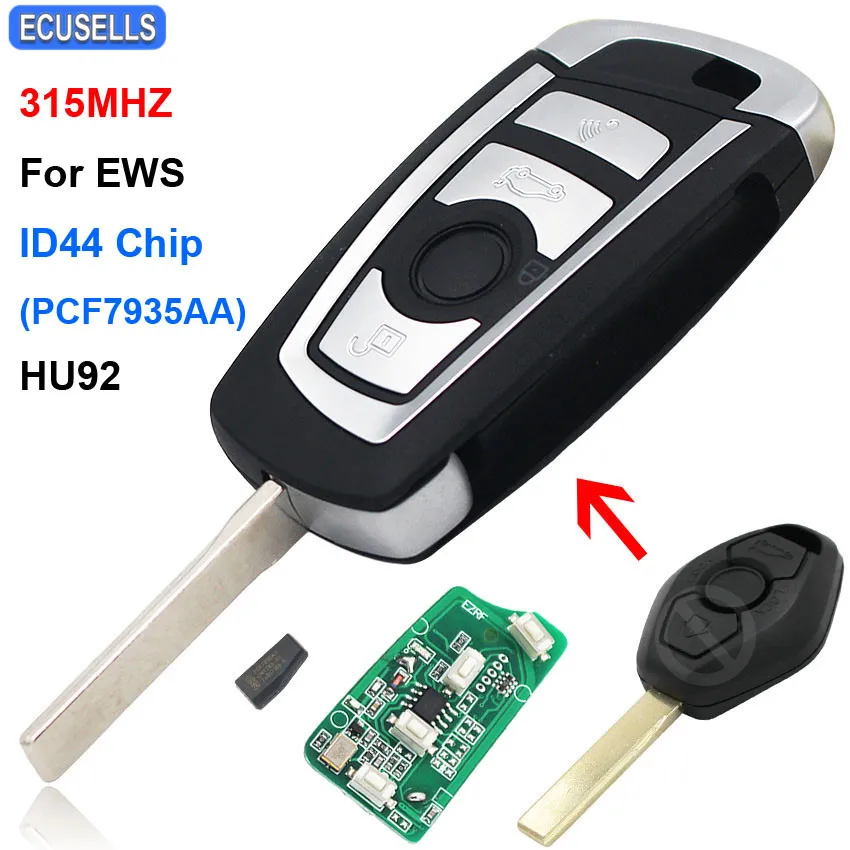 3 Button Flip Remote Key 315MHZ ID44/PCF7935AA Chip for BMW EWS 325 330 318 525 530 540 E38 E39 E46 M5 X3 X5 Z3 HU92 Uncut Blade |