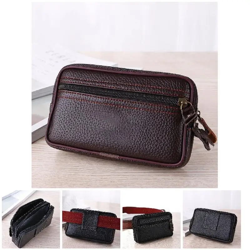 

Man Multi-function Mini Waist Bag PU Leather Double Layer Zipper Phone Card Bag WF 668
