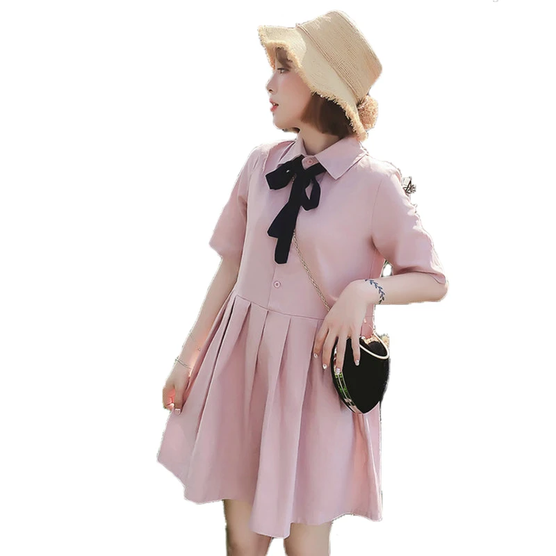 

Woman Summer Pink Shirtdress Bowknot Turn Down Collar Cotton Linen One Piece Vestidos Short Sleeve Plus Size Shirt Dresses Women