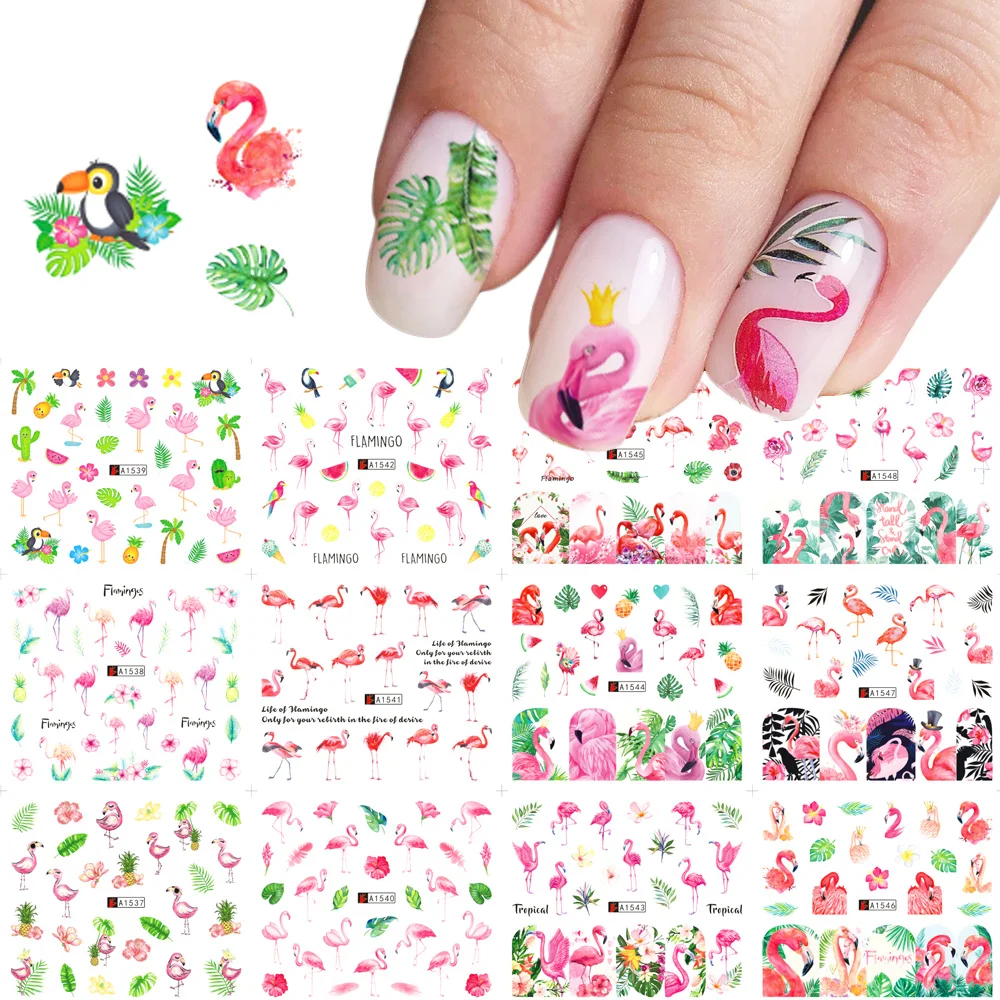 

New Pink Flamingo Nail Stickers Decals Green Leaf Summer Designs Nail Art Water Transfer Foils Decorations Manicure TRA1537-1548