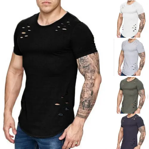

5 Colors Men Simple and comfortable T-shirts Muscle Brothers Short Sleeve Hole O-Neck Top shark Jersey