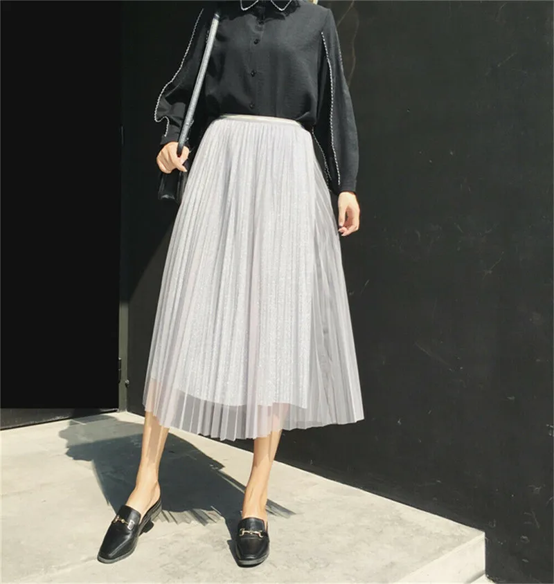 Лидер продаж модные женские туфли блеск тонкие гофрированные юбки эластичный высокой талией сетки леди девушка блестящая юбка-пачка юбка весна-лето одноцветное черный, розовый