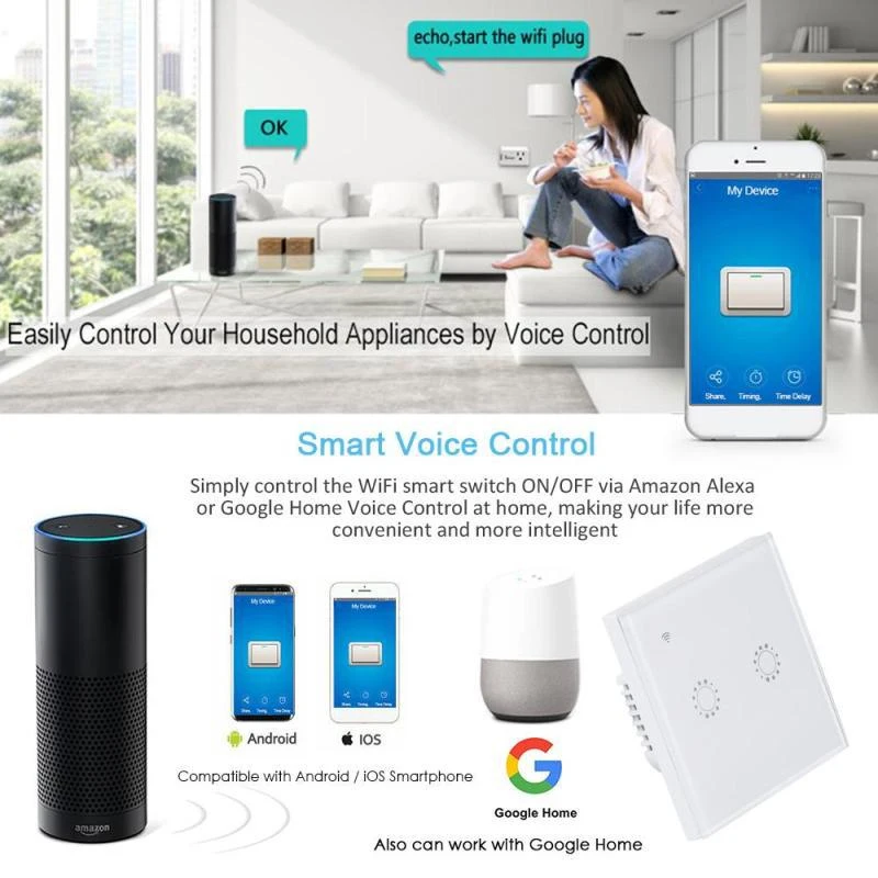 1/2/3 Gang Wi-Fi Touch Switch Wall Light Panel Wireless Intelligence Timing&Remote Control APP Work with Alexa Google Home