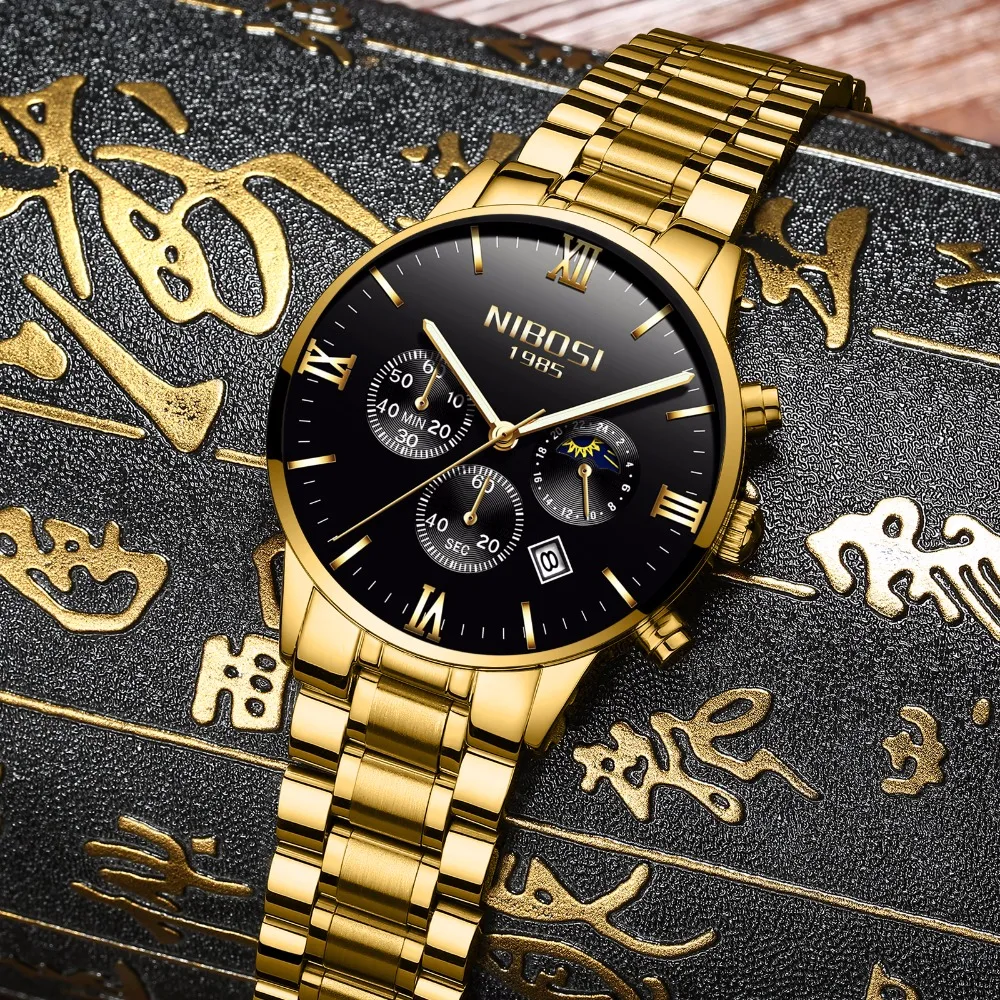 Online NIBOSI Gold Luxus Berühmte Top Marke Männer Goldene Uhr Relogio Masculino Militär Armee Analog Quarz Armbanduhr Für Unternehmer