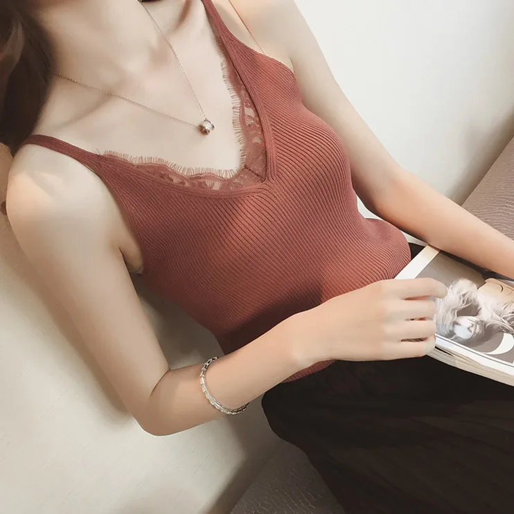 

Women Summer Vest Sexy Lace Knitwear V Neck Sleeveless Slim Fit Sweater Female Tops XRQ88