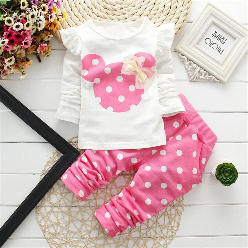Одежда для маленьких девочек весенне-осенняя брендовая футболка с длинными рукавами для новорожденных топы+ леггинсы в горошек, штаны детские спортивные костюмы из 2 предметов - Цвет: Розовый