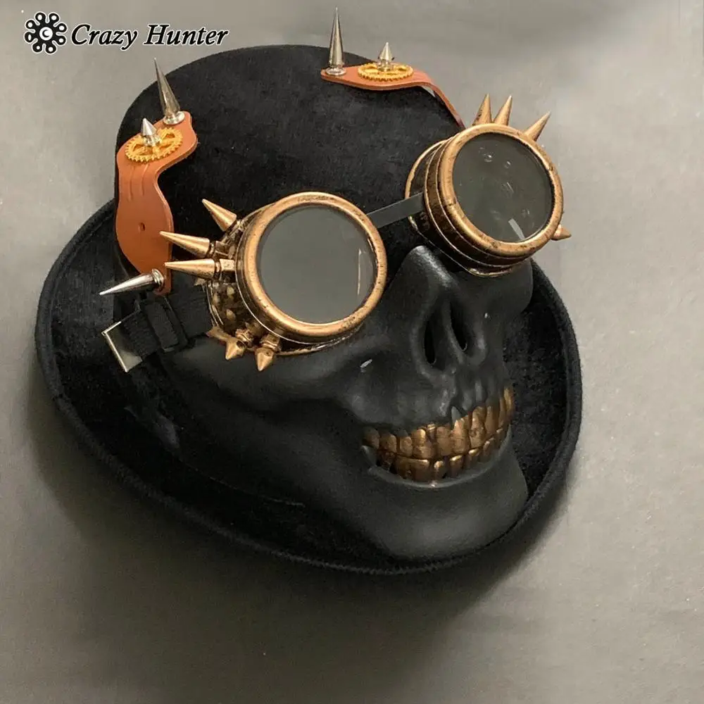 Skull Mens Punk Steampunk Hat Vintage Gothic Goggles Party Black Top Hat