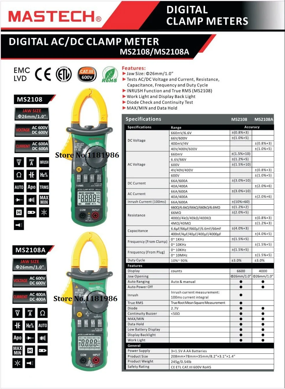 MASTECH MS2108A цифровой мультиметр Ампер клещи токовые клещи AC/DC Ток Напряжение конденсатор сопротивление тестер